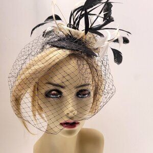 Black Headband Feathers Fascinator with Black netting on Headband